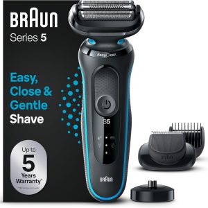 Braun Series 5 Men’s Electric Shaver, Beard Shaver with Flexible Head and Blades, Trimmer Attachment Included and Charging Base, Waterproof and Rechargeable, 51-M4500cs, Grey/Blue