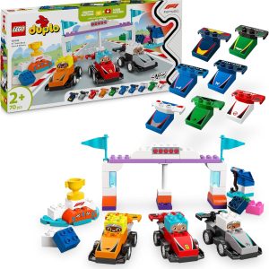 LEGO Duplo My City Racing Cars and F1 Team Drivers – Fine Motor Toy for Boys and Girls 2+ Years – 10 Toy Cars with Traffic Light and Trophy – Gift Idea 10445