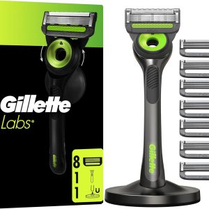 Gillette Labs Neon Night Edition Razor with Refills, 1 Handle with Integrated Exfoliating Bar, 8 Blades with Lubricant Band, 1 Magnetic Holder