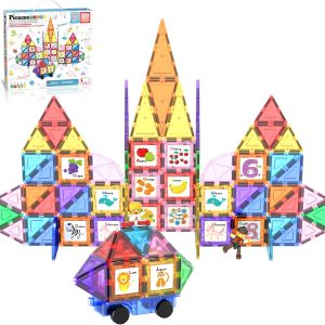 PicassoTiles 121pcs Master Builder Magnetic Building Blocks Building Set, Magnetic Tile Blocks with Truck,2 Character Action Figures,28 Numbers and Animals