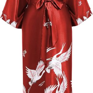 Prodesign Women’s Kimono Crane Printed Maxi Long Women’s Bathrobe Beach Jacket Bride Hen Party Bathrobe, Red, One Size