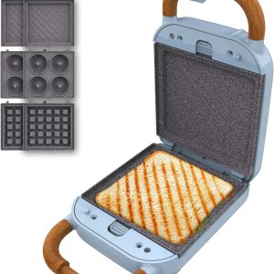 Cecotec Sandwich Maker Vintage Rock’Ntoast Retro One Blue. 700W, 3 Interchangeable Plates, Retro Design, Rockstone Coating, Light Indicator, Non-Slip Base, Cool Touch Handle, Clip Closure