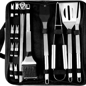 20 Piece Heavy Duty BBQ Tools Set in Case – Roasting, Smoking
