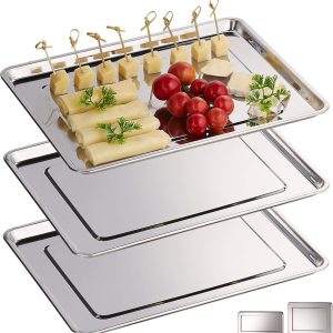 Relaxdays Serving Trays, Set of 3, Stainless Steel, Cheese Plate, Sausages, Dishwasher Safe, 33 x 26.5 cm, Silver
