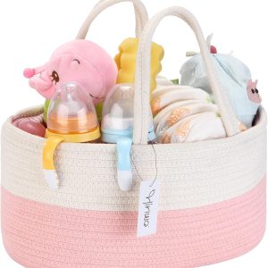 Hinwo – Baby Diaper Cart 3 Compartments, Nursery Storage Container, Portable Car Organizer, Gift Basket Shower Newborns, Cotton Rope Detachable Divider Diapers