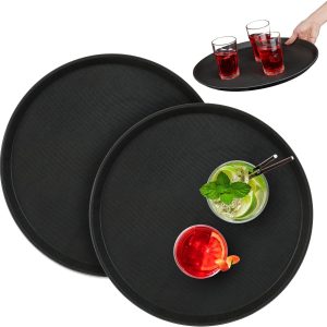 Relaxdays Set of 2 Bar Trays, Round 40 cm Ø, Serving Table, Non-Slip Surface, Waiters, Gastronomy, Black
