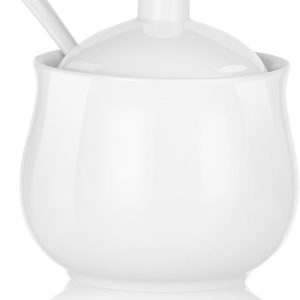 Ceramic Sugar Bowl with Lid and Spoon, White Porcelain Storage Jar, 8 oz
