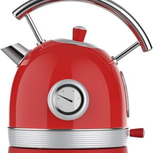 Cecotec Thermosense 420 Vintage Light Red Electric Kettle 1.8 Litres, 2200 W, 8 Capacity Tea Cups, Temperature Meter, Vintage Style, 360° Swivel Base, Stainless Steel in Red