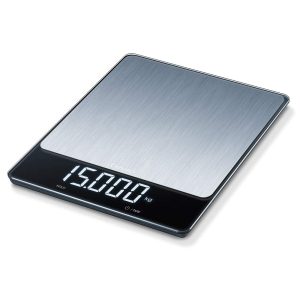 Beurer KS34 Kitchen Scale, Extra High Load Measurement 15kg/1g, LED Display (9.5 x 2.5 cm) with 2.5 cm Digits, Invisible Display, Auto Shut-Off, Stainless Steel