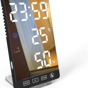 ThreeH Alarm Clock with Temperature Humidity Smart Watch with Charging Port Mirror Surface for Home Decoration White_Black