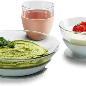 Béaba & Duralex, Children’s Dinnerware Set, 3-Piece Set for Baby, Plate + Bowl + Cup, Tempered Glass with Silicone Suction Cup, Green (Eucalyptus)