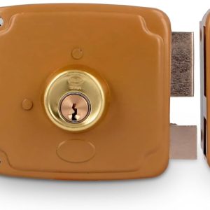 Amig – Right Overlay Lock with Latch Lever, Tongue and Handle – Gold Steel – Size: 100 x 95 mm – Ideal for Wood Entry or Passage Doors