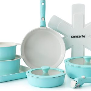 Sensarte – Set of 17 frying pans, ceramic, non-stick cookware, removable handles, for induction, frying pan 20/26 cm, saucepan 16.5/20 cm, wok 26 cm, grill pans 26 cm, stackable, PFOA-free