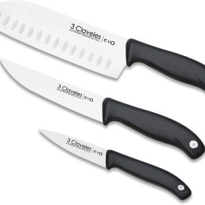 3 Claveles EVO Knife Set, Vegetable 9 cm + Kitchen 13.5 cm + Santoku 18 cm, Stainless Steel, Polypropylene Handle, Lightweight and Sturdy