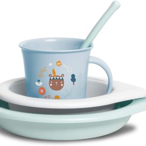 Suavinex, Baby Tableware, Learning Plate Set, +6 Months, Dishwasher and Microwave Safe Children’s Tableware, Includes: Cup + Dinner Plate + Bowl + Spoon – Forest Blue