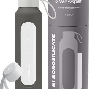 Wessper Glass Water Bottle, 500ml Motivational Bottle with Hydration Scale, Borosilicate Glass Bottles with Silicone Sleeve, Safe Material BPA Free – Grey