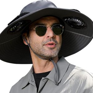 Outdoor Wide Brim Sun Hat, UPF 50+ UV-Blocking Bucket Hat with Solar Fan, Cooling Sunhat for Beach Fishing Hiking Farming Gardening Travel Summer Protection Gear