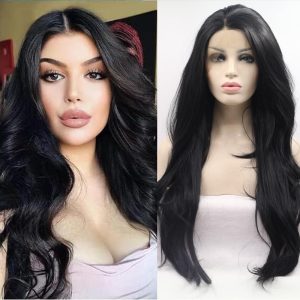 Xiweiya Long Natural Wavy Black Color Synthetic Hair Wig Heat Resistant Fiber Lace Front Wigs 24 Inch