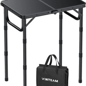 VINTEAM Folding Camping Table with 3 Adjustable Heights Folding Table Beach 58 x 40 cm MDF Density Board for Camping, Fishing, RV, Beach, Garden-Black