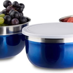 Relaxdays Bowls with Lid, Set of 3, Steel, Airtight, Blue, Different Sizes, 8.5 x 8.5 x 9.2 cm, 3 Units