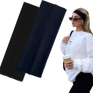 7cm Wide Black Headbands for Women Men, 2 Pack Fashion Headbands for Women Hair, Soft Fabric Elastic Headbands for Makeup Yoga Running Sports