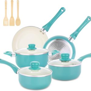 Nonstick Pots and Pans Set, 11 Piece Induction Pan Set, Nonstick Ceramic Cookware with Pans,Saucepan Set,PFOA Free,Turquoise