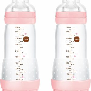 MAM Pack of 2 Anti-colic Bottles, from 4 Months, 320 ml, with Teat 3 Fast Flow Easy Acceptance, Self-Sterilizable and Easy to Clean, MAM Easy Start Anti-Colic, Bright Pink, Pack of 2