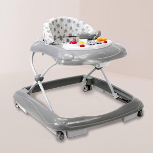 Asalvo Diver Baby Walker First Steps, Activity Center, Removable Tray, 12 Melodies, LED Lights, 3 Heights, Compact Folding, 6 Brakes, Up to 12 kg, Stars Grey