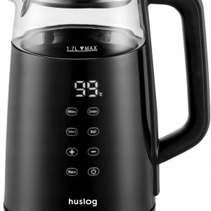 Huslog Electric Kettle 1.7 L with Touch Screen, 2200 W, Stainless Steel and Glass, Temperature (40–100 °C), 4 Programs, Keep Warm Function, Anti-Filter, Base 360°, Black