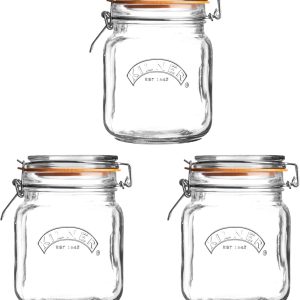 Kilner Set of 3 1 Litre Square Glass Jars with Clip Top for Preservation and Storage