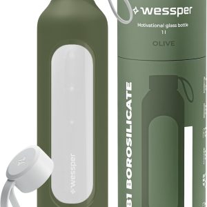 Wessper Glass Water Bottle, Motivational 1 Litre Bottle with Hydration Scale, Borosilicate Glass Bottles with Silicone Sleeve, Safe Material BPA Free – Olive