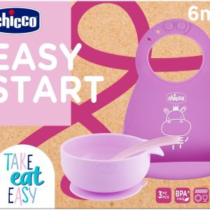 Chicco Easy Start Silicone Porridge Set, Non-Slip Porridge Set, BPA-Free, 3-Piece Weaning Set Composed of Rigid Bib, Easy Bowl with Suction Cup and Spoon, 6M+, Pink