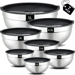hunnycook 7 Piece Mixing Bowl Set with Lids, Stainless Steel Bowls for Food Prep, Mixing and Storage, Kitchen Mixing Bowl Set – Size 0.7, 1.1, 1.5, 2.1, 3.5,