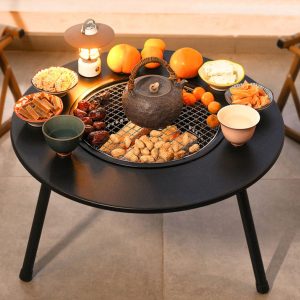 Outdoor Fire Pit for Garden and Terrace, 3 in 1 Barbecue Heating and Cooling Drinks, Fire Pit with BBQ Grill, Charcoal Tongs, Wood Fireplaces,
