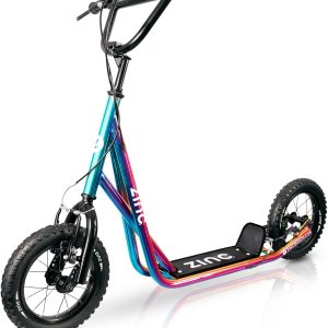 Zinc BMX Scooter for Kids Ages 6+ – 12 Inch Big Wheel Stunt Scooters with 360 Degree Handlebar Spin, Height Adjustable, Front & Rear Brakes, Steel Frame, Off-Road Tyres