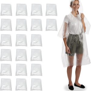 Relaxdays Set of 40 Disposable Rain Poncho, Raincoat with Hood, Unisex, Transparent