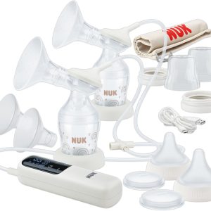 NUK Soft & Easy Double Electric Breast Pump | 100% Silicone Soft Cups | Small, Light & Quiet | Rechargeable Battery for Travel | 24mm & 27mm Cups | 2 Perfect Match mm Bottles