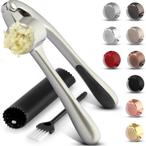 Zulay Kitchen Premium garlic press with soft easy-squeeze ergonomic handle, robust design of garlic extracts plus stick by clove, garlic crusher for nuts and seeds, professional garlic chopped