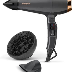 BaByliss Italian Air Pro Hair Dryer with Diffuser – Professional AC Motor, High Power 2200 W, Ionic Anti-Frizz Technology, 2 Temperatures and 2 Speeds, Made In Italy, Black, 6719DE