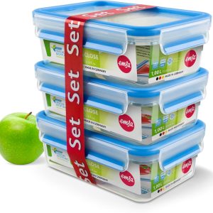 Emsa Clip&Close Set of 3 Rectangular Plastic Airtight Preservatives, 1 L (18.8 x 5.8 x 12 cm), Hygienic, Does Not Retain Odors or Flavors, Baby Care Certification, Transparent and Blue