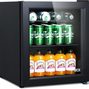 HCK – Mini fridge with glass door, 0-15°C cooling zone and 2 shelves, compact beverage fridge for bar and living room