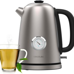 Cecotec Electric Kettle 1.7L Thermosense 620 Vintage. 2200W, Stainless Steel Body, Anti-Antical, Base 360°, Analogue Thermometer, Double Protection, Cable Free Container