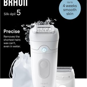 Braun Silk-épil 5, Women’s Electric Epilator for Easy Hair Removal, Wet and Dry Hair Removal, with Razor Head, Durable Soft Skin, 5-041, White/Grey