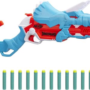 Nerf DinoSquad Tricera-blast Blaster – 3 Darts Loading with Opening, 12 Nerf Darts – Dart Carrier, Triceratops Dinosaur