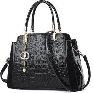 NICOLE & DORIS Women’s Bag Elegant Handbags Crocodile Handbag Shoulder Bag Patent Leather Handbags Totes Waterproof Shoulder Bag, Black/White, Elegant