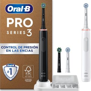 Oral-B Pro 3 Pack of 2 Electric Toothbrushes with Rechargeable Handle and 4 Replacement Heads, 3 Brushing Modes with Sensitive Mode, Timer, Designed by Braun, Black and White