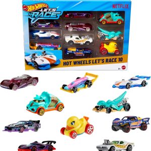 Hot Wheels RUNNING – Pack of 10 Cars and Trucks (Assorted Models, Random Selection), 1:64 Scale Inspired by the Netflix Series for Play or Display, JGN40