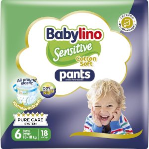 Babylino Sensitive Cotton Soft Pants, Size 6 (13-18 kg), 360° Fit Anti-Leak Diaper Panty, 18 Nappies