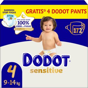 Dodot Sensitive Baby Diapers, Size 4 (9-14 kg), 172 Nappies + 4 Gift Pants, Up to 12 h Leak Protection and Skin Care, Monthly Pack