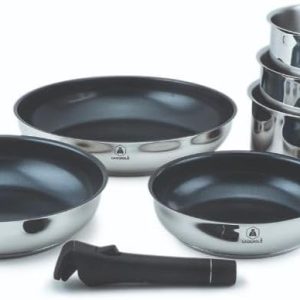 LAGUIOLE, 7 Piece Stainless Steel Kitchen Set with Ceramic Coating Non-Stick Removable Handle Induction Compatible Various Dimensions 3 Pots + 3 Frying Pans Silver